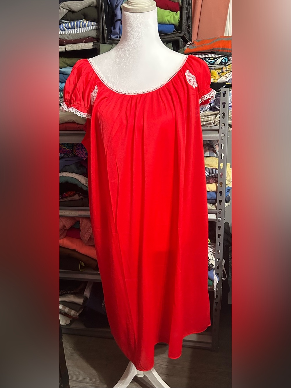Satin Red Gown & Robe Set Vintage Red with White Lace- Medium